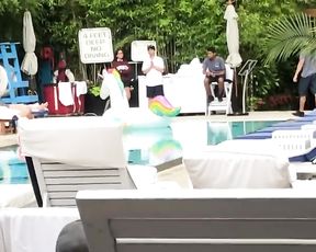 Scorching nymph stroking by motel pool