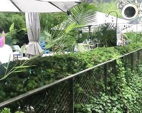 Scorching nymph stroking by motel pool