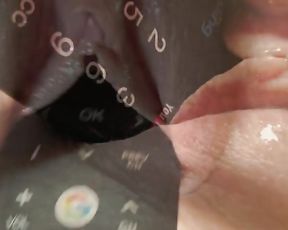 Steamy female jerking with motel TV remote