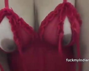 Erotic Indian Honey in Red Splendid Undergarments Displaying Delicious Boobies
