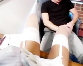 Skinny Nerdy Secretary with Glasses Boning in White Stocking