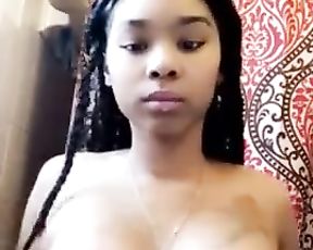 Massive-Chested Dark-Hued TEEN Toying her Tender Boobies with Chocolate Nips