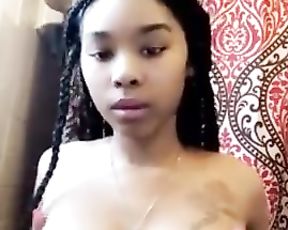 Massive-Chested Dark-Hued TEEN Toying her Tender Boobies with Chocolate Nips