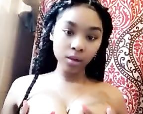 Massive-Chested Dark-Hued TEEN Toying her Tender Boobies with Chocolate Nips