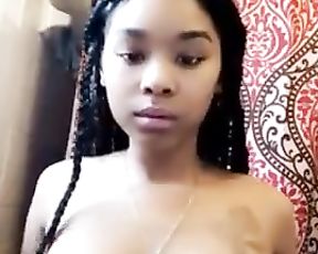 Massive-Chested Dark-Hued TEEN Toying her Tender Boobies with Chocolate Nips