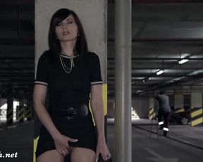 Jeny Smith oiling her naked body in a public parking