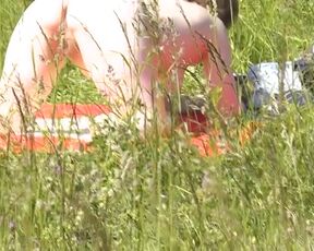 Outside. Naughty beach. Random passerby dude by sea spotted nude dame sunbathing. Outdoor. Naturist