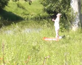 Outside. Naughty beach. Random passerby dude by sea spotted nude dame sunbathing. Outdoor. Naturist