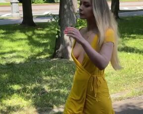 Yelow dress. Hd walk. Beautiful woman expose her tits in public.