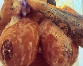 Black wet boobs in white foam. Busty video in bathroom