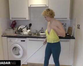 Downblouse view whilst mopping the floor