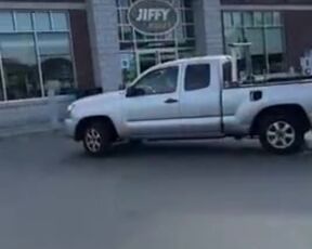 Ultra-Cute exhib breezies getting fuel at engaged gas station in the middle of the day