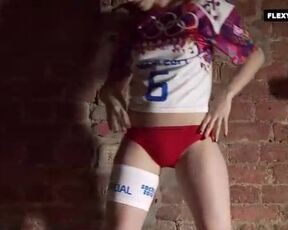 Small titted teen brunette is doing her stretching routine and slowly taking off her clothes