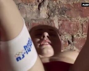 Small titted teen brunette is doing her stretching routine and slowly taking off her clothes