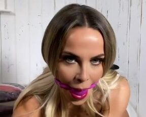 Watch me cum! Ballgag, handcuffs and bodystocking orgasm.