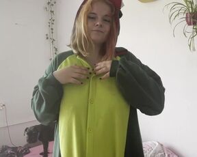 Pierced tits show in dino onesie