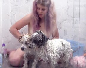 Young titty amateur washes doggies in the shower#2