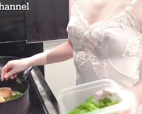 Asian Girl in the kitchen makes hot soup for you (Downblouse Category)