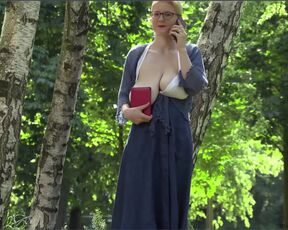 This teacher's huge boobs are flashing in the park