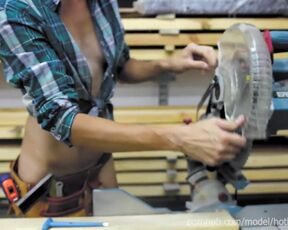 Working girl without panties at the machine