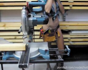 Working girl without panties at the machine