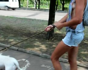 Spectacular jeans Cut-Offs Side jug and Nip glide during pitbull walk in the city