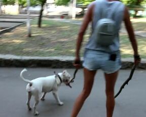 Spectacular jeans Cut-Offs Side jug and Nip glide during pitbull walk in the city