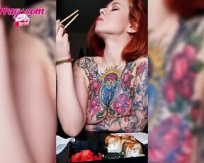 Horny Tattooed Girl Eats Naked and Plays with Tits - Solo