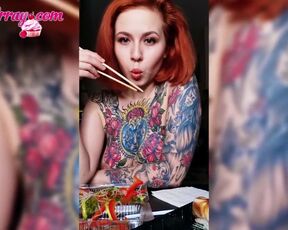 Horny Tattooed Girl Eats Naked and Plays with Tits - Solo