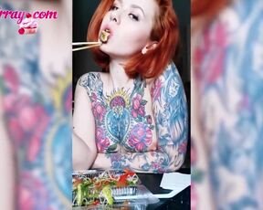 Horny Tattooed Girl Eats Naked and Plays with Tits - Solo