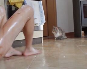 Strip fetish art food in the kitchen. Boobs and pussy of a beautiful girl in close-up