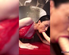 Hot Brunette Sucking Big Dildo and Fisting Anal in the Red Dress